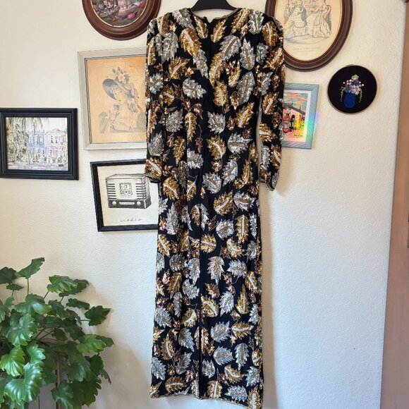 Vintage Beaded Leaf Long Gold Silver & Black Dress - Picture 3 of 3